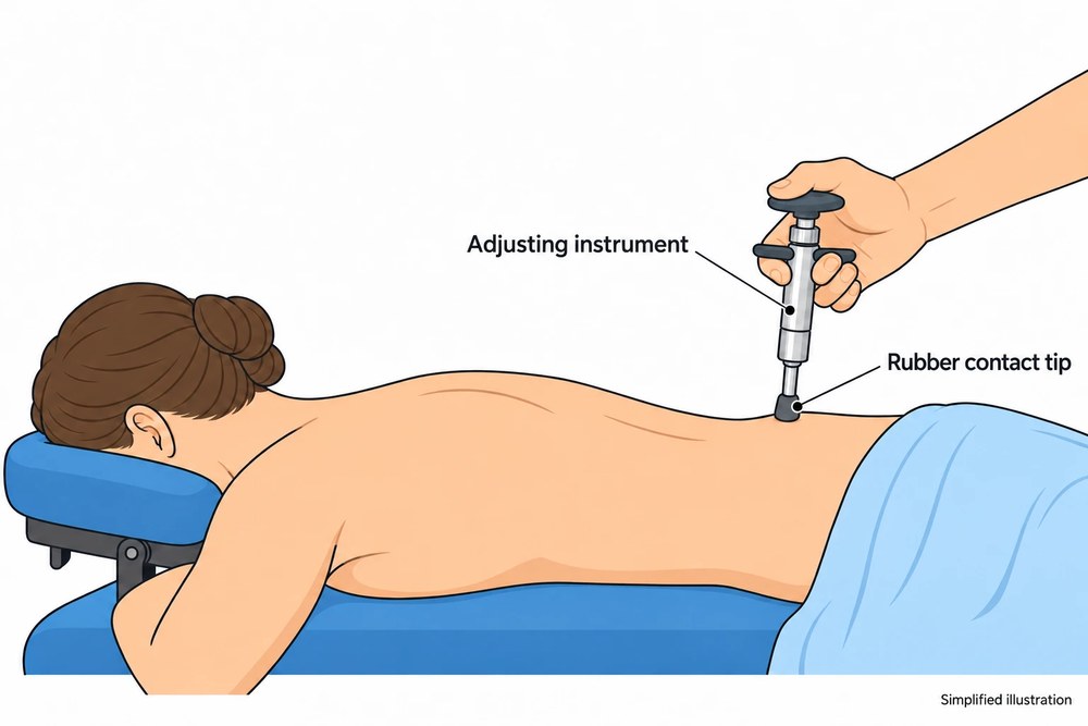 Illustration of the Activator Method: a hand holds a small spring-loaded adjusting instrument with its rubber contact tip on the back of a person lying face down on a treatment table