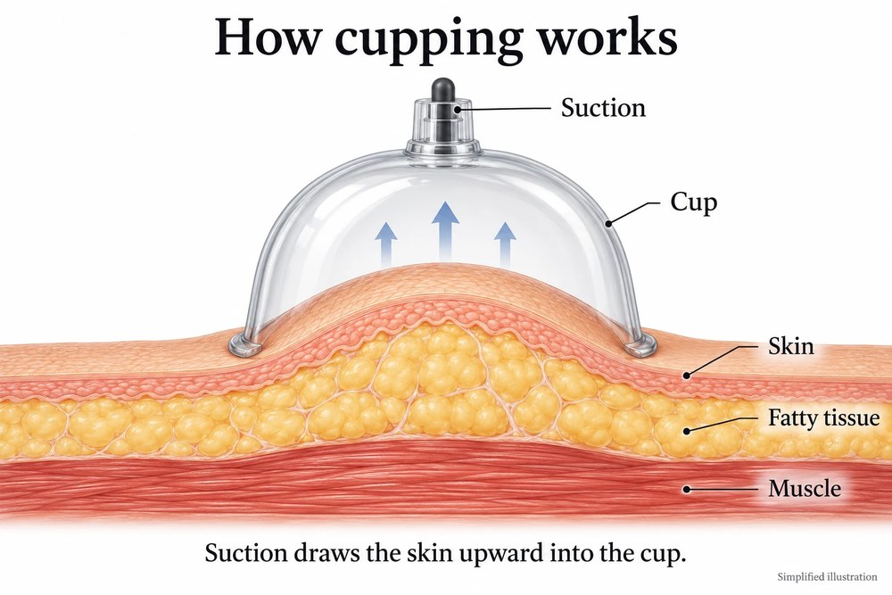 Diagram of how cupping works: suction in a clear cup draws the skin upward, with the skin, fatty tissue and muscle layers labelled underneath