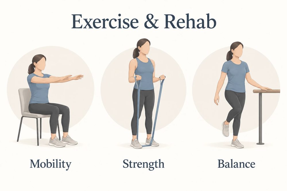 An illustration of three exercises: a seated arm reach for mobility, a band pull for strength and a one-leg stand at a rail for balance