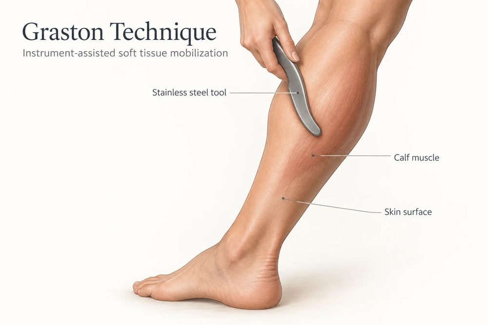 An illustration of a stainless steel Graston tool being drawn down a calf