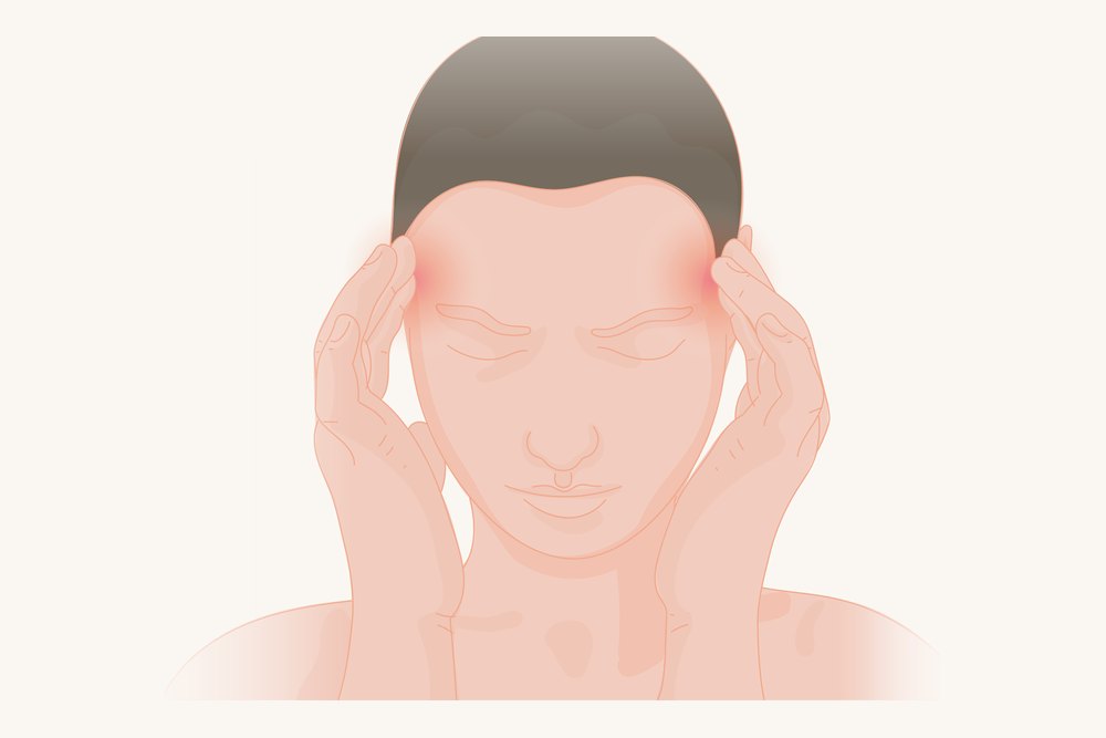 A person with both hands at the temples and eyes closed