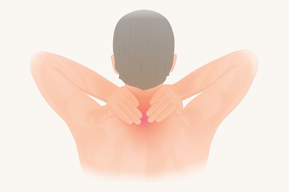 A figure from behind with both hands on the back of the neck, the sore spot marked