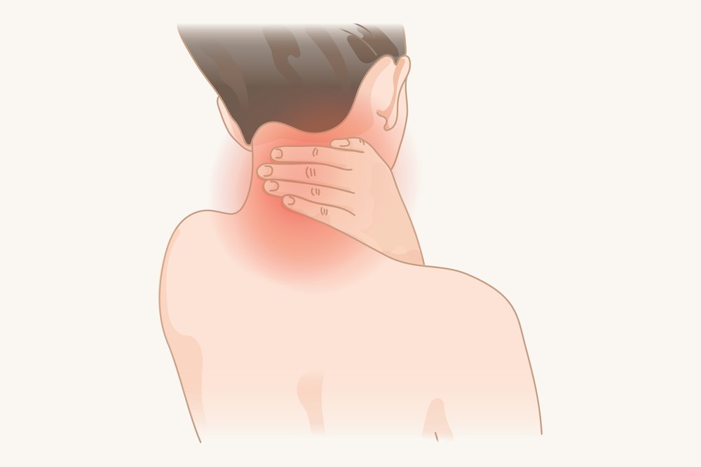 A figure from behind with one hand on the back of the neck, the sore spot marked
