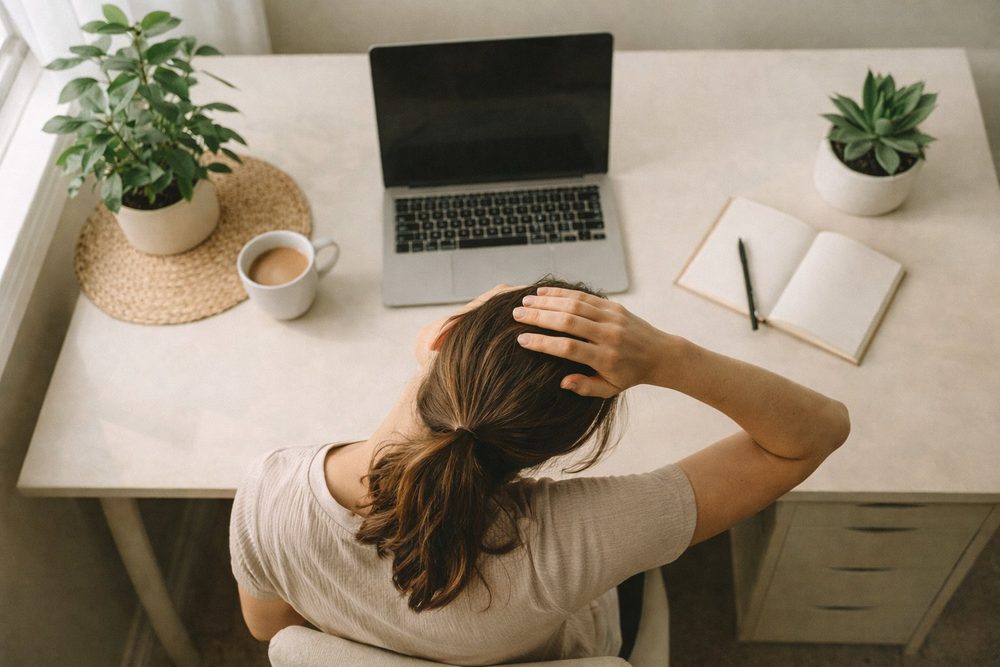 Woman at a desk holding the back of her head