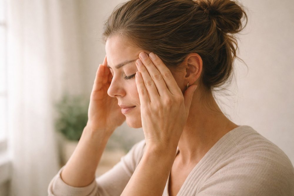 Woman pressing her fingers to her temples with a headache