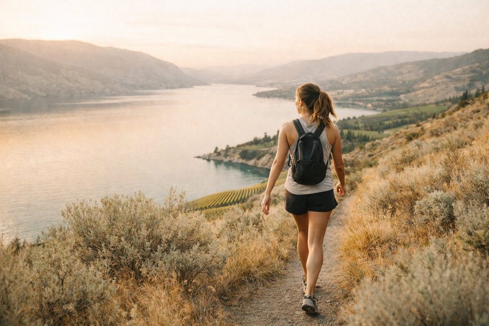 Woman with a small backpack walking a dry hillside trail above a lake