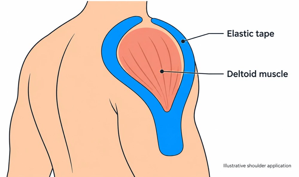 Diagram of kinesiology tape on a shoulder: a Y-shaped strip of elastic tape placed around the deltoid muscle